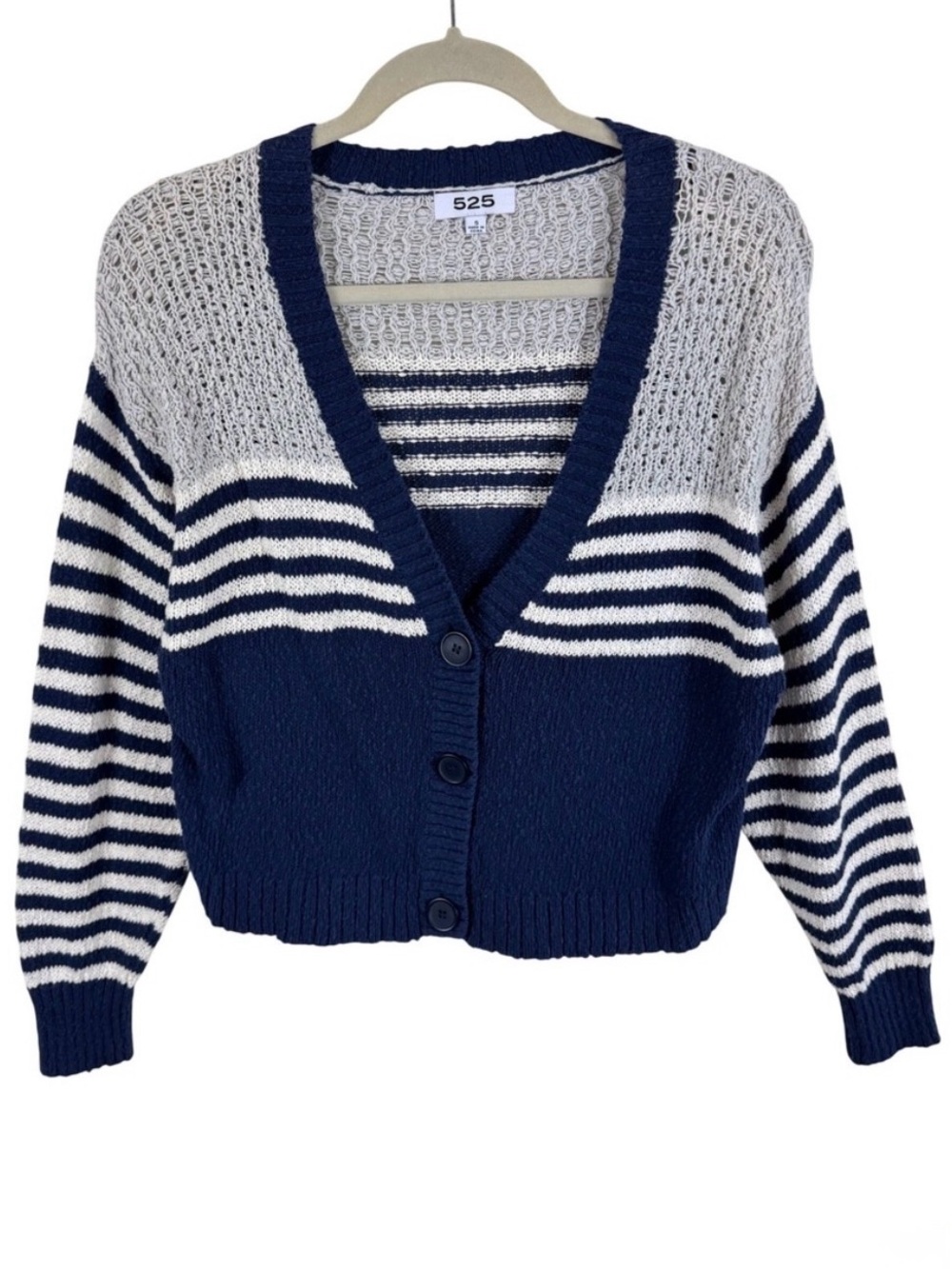 525 America Womens Navy Blue Striped Cotton Cropped V-Neck Cardigan Sweater S